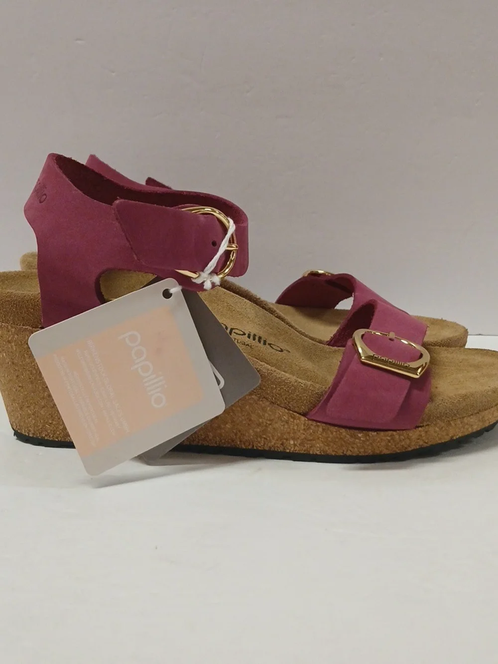 Women's Pink Cork Wedge Sandals with Gold Buckles